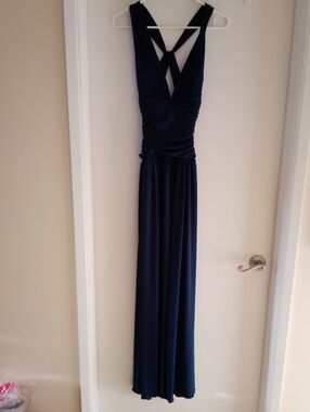 Dark Navy Blue Ruched Cross-Back Maxi Dress